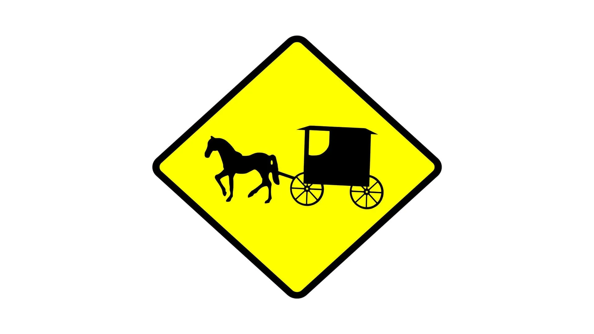 Yellow diamond-shaped road warning sign with black border and black silhouette of horse pulling Amish buggy, Lancaster County, Pennsylvania traffic caution sign