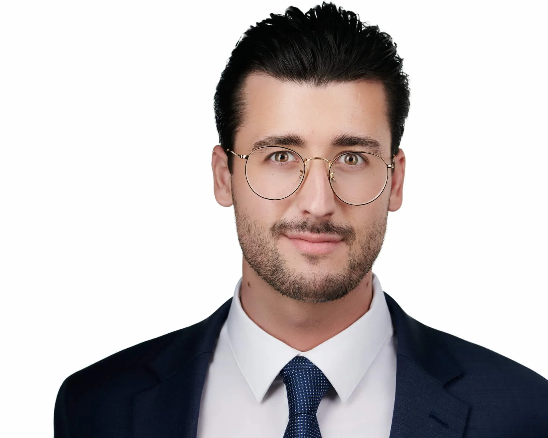 Professional corporate headshot by Ben Marcum Photography of young male professional with dark hair styled back, round gold wire-frame glasses, trimmed beard and mustache, wearing navy blue suit jacket with white dress shirt and navy dotted tie on seamless white background, Louisville Kentucky business photography