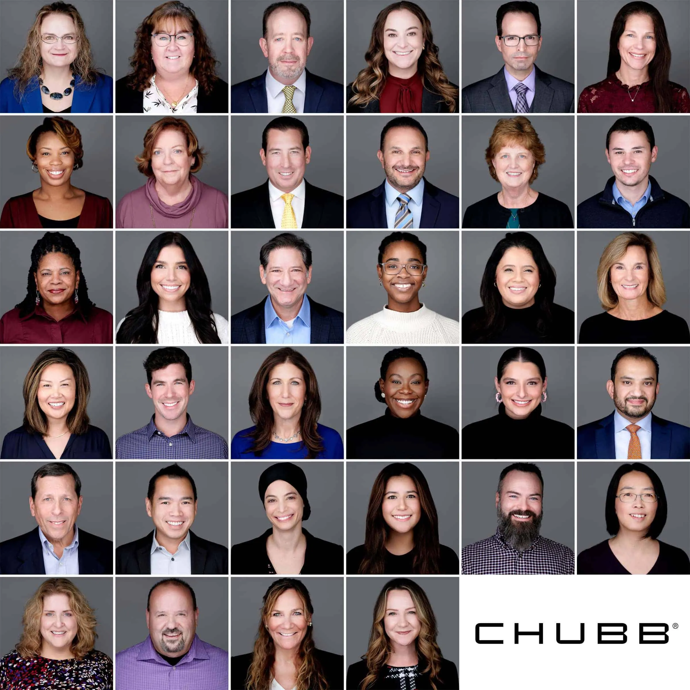 Corporate team headshot contact sheet displaying 34 diverse Chubb insurance company employees in business professional and business casual attire photographed with consistent gray studio background by Richard Waine Photography on-location corporate headshot photographer