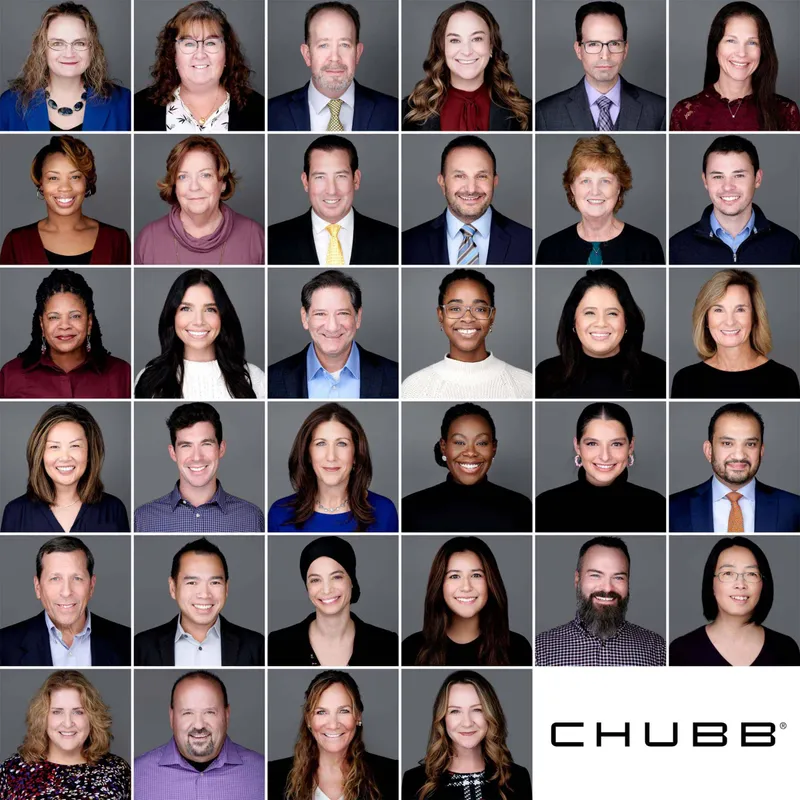 Professional corporate headshot contact sheet grid displaying 34 diverse Chubb insurance company employees in business professional and business casual attire with consistent gray studio background lighting by Richard Waine Photography