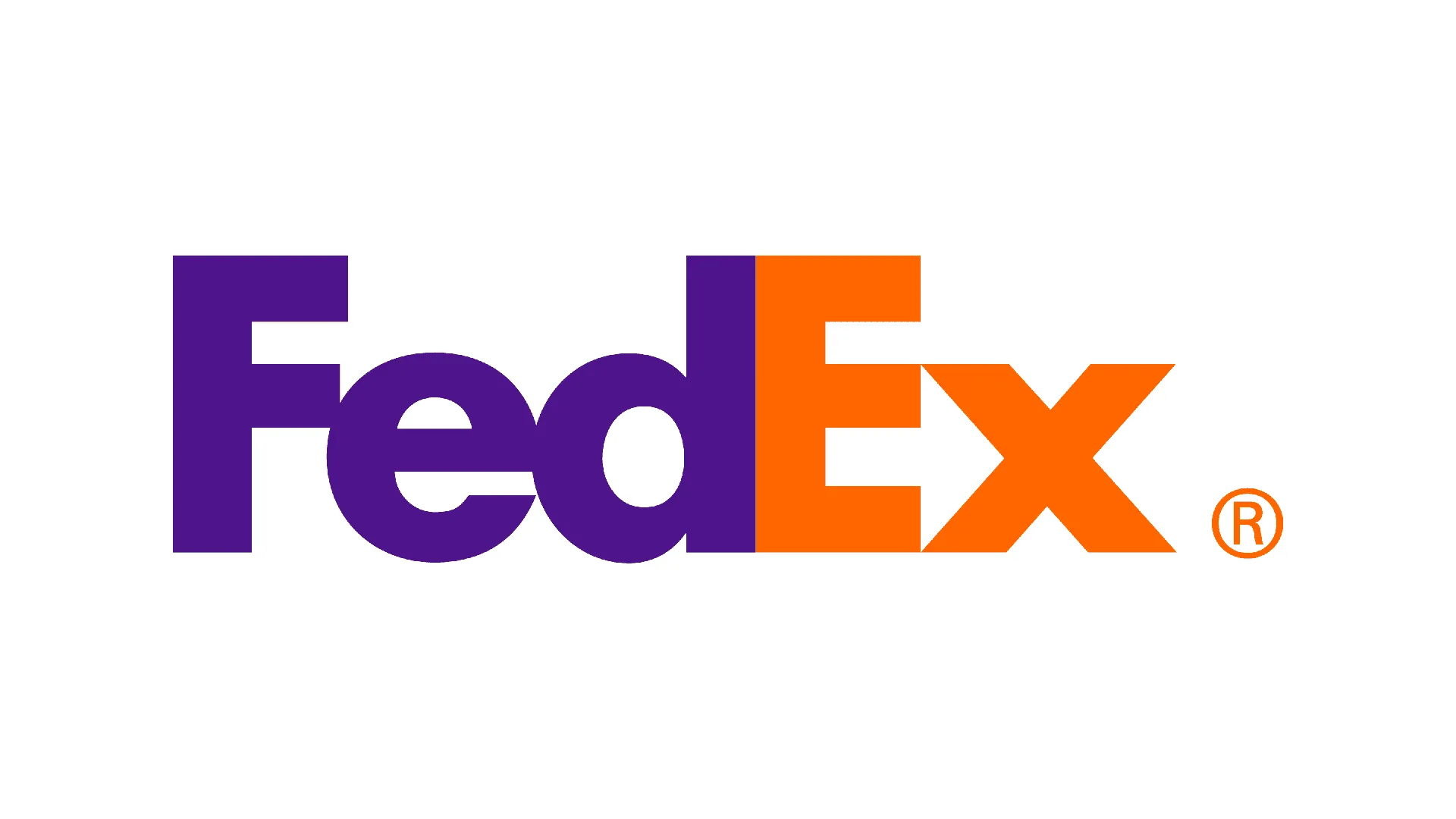 FedEx corporate logo with purple Fed text and orange Ex text with hidden white arrow in negative space between E and x, registered trademark symbol, white background