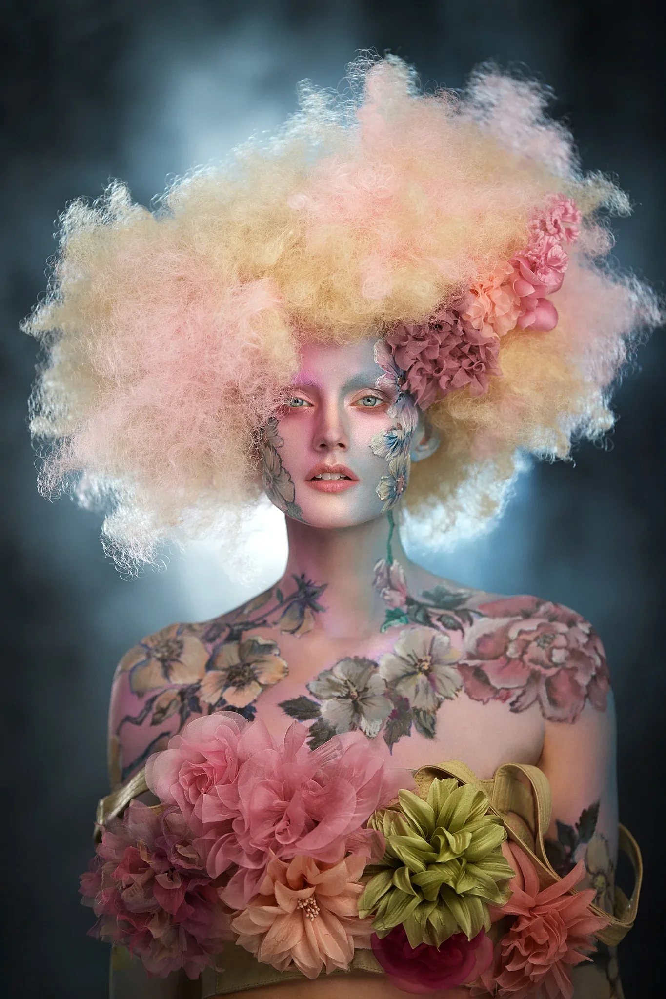 Creative conceptual beauty portrait featuring female model with massive voluminous pastel cotton candy colored blonde pink yellow hair, artistic painted floral designs on face and body, holding pink and yellow artificial flowers, ethereal dreamy styling on soft blue grey background, professional artistic retouching by Pratik Naik for photographer Joe McNally