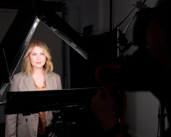Business headshot photography session showing blonde woman in tan plaid blazer surrounded by professional photo studio lighting equipment in Lancaster PA studio by Richard Waine Photography